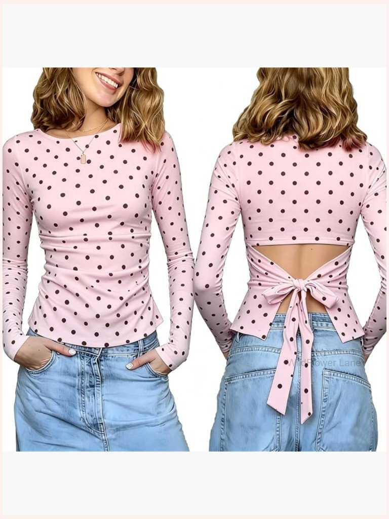 Y2k Long Sleeve Polka Dot Boat Neck Tie Back Blouse